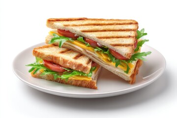 Two grilled panini triangles, layered with cheese, tomato, and arugula, served on a light beige plate against a white background