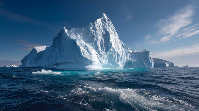 A sunlit iceberg rises from deep waters under a vivid sky.
