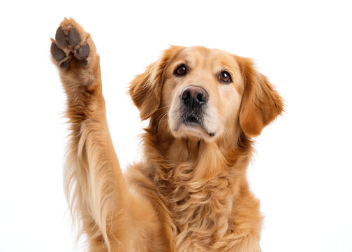 Golden retriever raising its paw in a white background studio shot looking straight at the camera