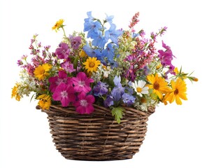 Vibrant wildflowers in a rustic brown wicker basket, isolated on white