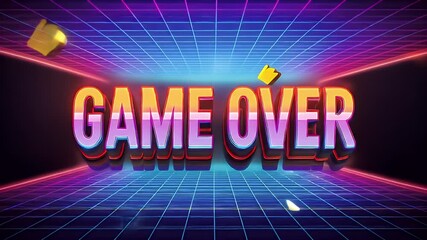 Retro text "GAME OVER" in neon lights on a grid with abstract shapes - Powered by Adobe