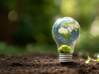 Light bulb with Earth map placed on soil, symbolizing green energy, sustainability, and environmental conservation

