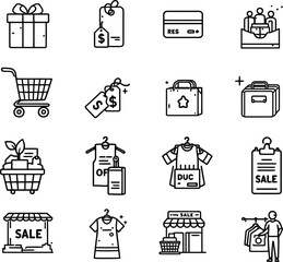 Consumer Charm Grid  Monochrome Icons Featuring Gift Boxes, Price Tags, SALE Storefronts, Shopping Bags, Clothing Racks, and Retail Scenes