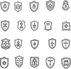 Emblems of Purpose  Monochrome Shield Grid Featuring Icons of Locks, Crosses, Arrows, Books, and Keys for Themes of Protection and Identity