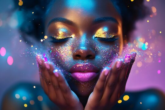 Beauty portrait of a young woman blowing colorful glitter, wearing shiny makeup on a colorful background