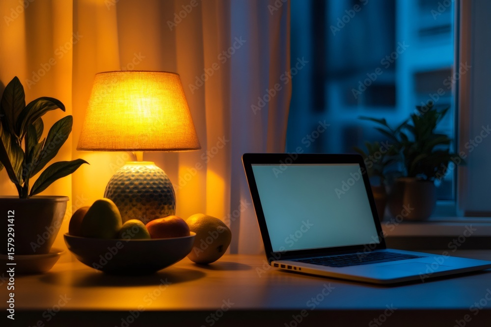 Poster cozy workspace illuminated by laptop and lamp in the evening, creating a warm and inviting atmospher