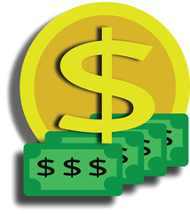 Gold coins with dollar symbols and green banknotes. Representing finances, wealth, savings, and economic growth. Ideal for business, banking, and investment themes.