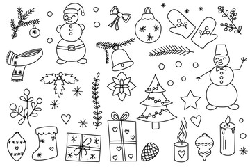 Christmas theme set isolated on a white background. Doodle set. Christmas icon, vector  illustration. Christmas tree, snowman, gift box, snowflake, candle, branch.