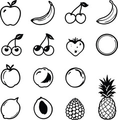 Fruit Silhouettes Grid  Monochrome Icons Featuring Apples, Bananas, Cherries, Peaches, Lemons, Berries, and Tropical Slices in Simple Style