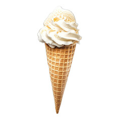 Vanilla ice cream cone. Creamy vanilla ice cream in a waffle cone, isolated against a black background.  