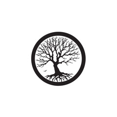 A silhouette of a tree with a bird perched on a branch, isolated on white background