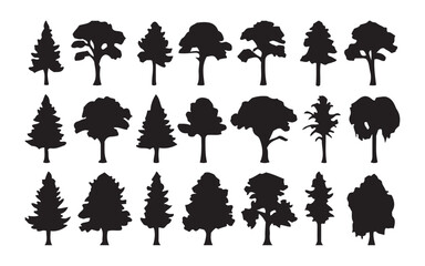 silhouette tree line drawing set, Side view, set of graphics trees elements outline symbol for architecture and landscape design drawing. 