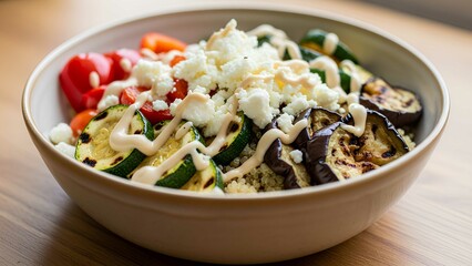 Delicious Healthy Couscous Bowl Packed with Grilled Vegetables and Crumbled Feta Cheese