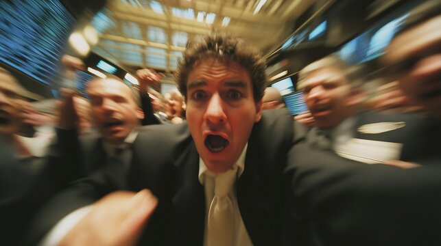 A frantic trader on a stock exchange floor shouting with mouth open. the photo features blur and motion effect.