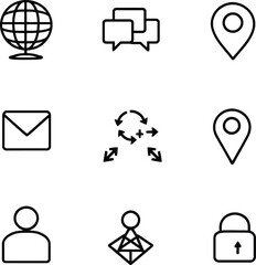 Communication & Access Grid  Monochrome Icons Featuring Globe, Speech Bubbles, Location Pins, Person, Envelope, Lock, and Interface Symbols