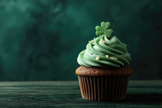 A single chocolate cupcake with light green frosting, topped with a shamrock, sits on a dark green wooden surface against a blurred teal backdrop