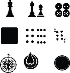 Mindplay Icons Grid  Monochrome Set Featuring Chess Pieces, Dice, Playing Cards, Compass, Dot Matrix, and Circular Symbols of Strategy & Play