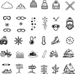 Winter Adventure Grid  Monochrome Icons Featuring Ski Gear, Snowflakes, Mountains, Cabins, Thermometers, Hats, and Alpine Symbols