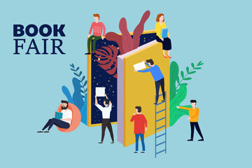 Book Fair or Festival concept, small people reading open huge book