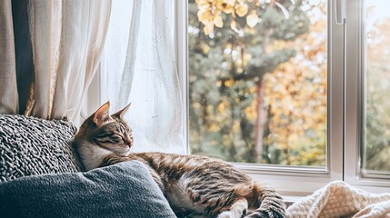 Peaceful Cat Lounging on Window Sill with Autumnal Foliage Outside
