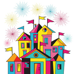 Obraz premium Colorful cartoon houses with flags and fireworks in background 