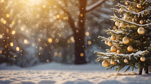 Festive Christmas tree with twinkling lights and snow-covered branches in a blurred winter background. Warm golden tones, bokeh light effects, and gentle snowfall. Wide horizontal layout with space 