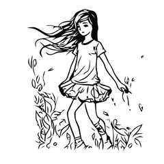 Windswept Solitude  Black & White Illustration Featuring Flowing-Hair Figure Standing in Tall Grass and Leaves, Holding Small Object