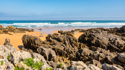 Rock formations on Liencres beach belonging to the Quebrada coast of northern Spain, Cantabria.