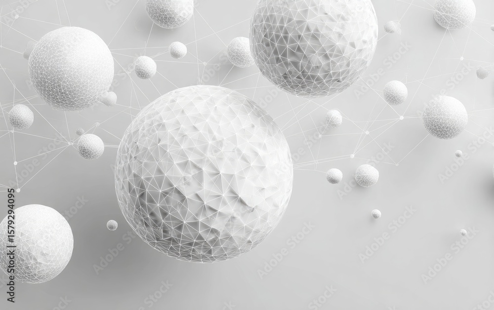 Poster abstract image of interconnected, textured white spheres of varying sizes against a light grey backg