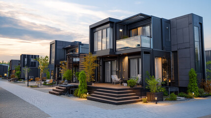 Obraz premium Modern container houses with outdoor seating areas and landscaping under a cloudy sky at dusk or dawn