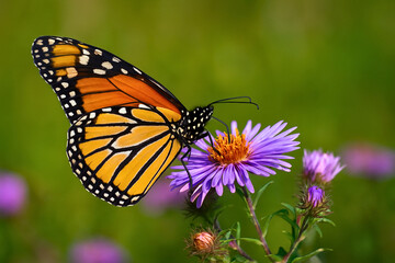 Monarch butterfly feeding on purple flower in summer meadow