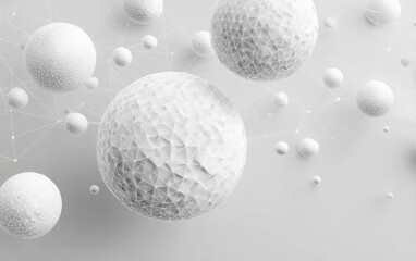 Abstract image of interconnected, textured white spheres of varying sizes against a light grey background, forming a network-like structure
