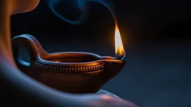 Close Up of Burning Oil Lamp in Hand Against a Dark Background