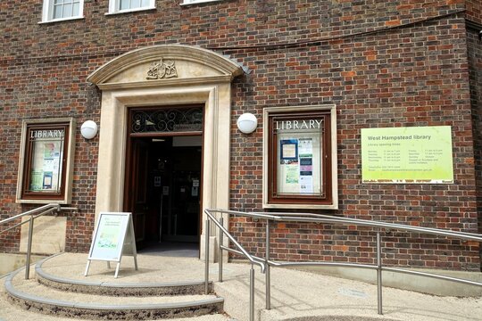 Front entrance of West Hampstead Library, Dennington Park Road, West Hampstead, London