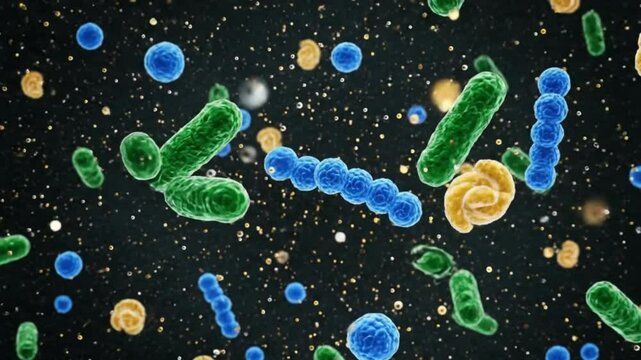Microscopic view shows a variety of bacteria in blue green and yellow