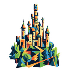 Fototapeta premium Colorful castle illustration surrounded by trees in a whimsical style 