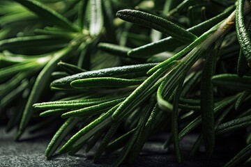 Obraz premium Close-up of vibrant green rosemary sprigs, showcasing their needle-like leaves and textured surface, resting on a dark background