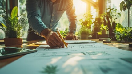 Professional Designer Working on Architectural Plans in Bright Studio
