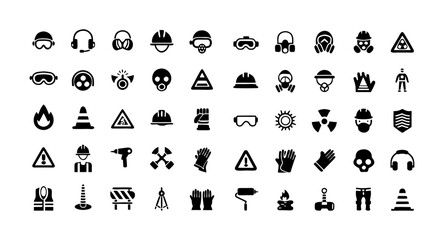 Construction Site Hazard Glyph Icon Set – Black Silhouette Vector Pictograms of Safety Goggles, Ear Protection, Respirator Mask, Power Drill, Emergency, Assembly Area, and Fire Warning
