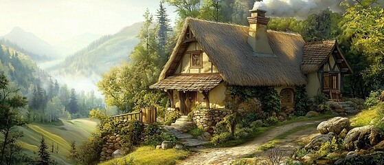 Quaint thatched cottage nestled in a lush, verdant forest landscape with misty mountains