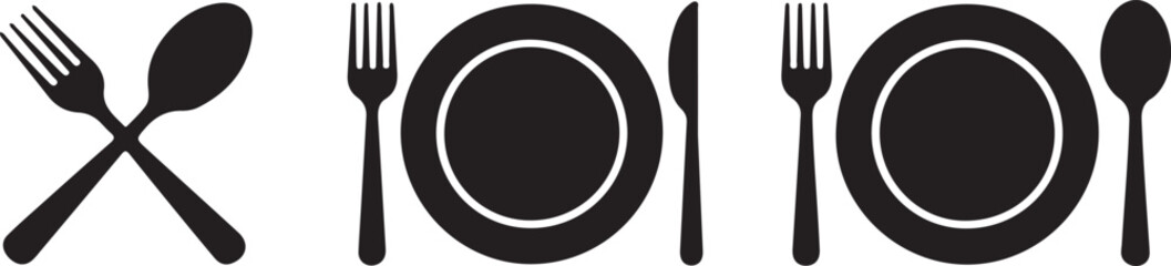 Set of black cutlery and plates silhouette isolated on transparent background