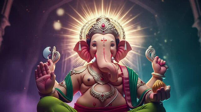 Ganesha Statue with Golden Light and Ornamentation in a Purple and Green Background