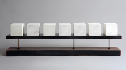 Flat horizontal platform supporting a row of aligned rectangular blocks