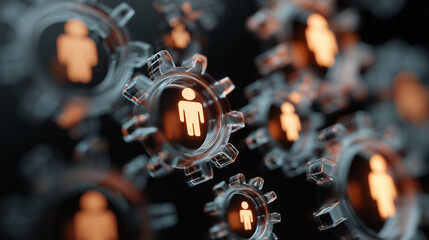 Transparent glass gears interlocking with glowing people-shaped icons

