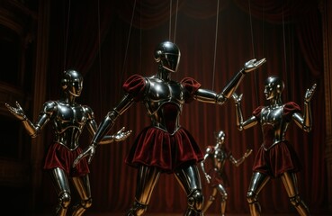 Fototapeta premium Chrome Marionette Robots Dancing on Opera Stage with Red Velvet Costumes Under Theater Spotlights