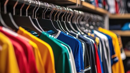 A clothing rack full of colorful jerseys hanging in a sports apparel store