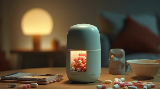 Smart pill dispenser device wooden table with scattered capsules inside medication container creating calm organized atmosphere for tablet management