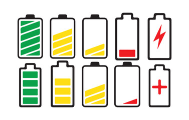 Battery Charge Level Icons Set – Green Yellow Red Power Indicator Symbols. Victor illustration eps10