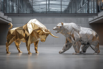 An abstract bull and bear sculpted from gold and steel facing off in a modern arena 