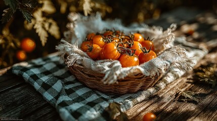 Fresh yellow tomatoes in a basket on a checkered cloth